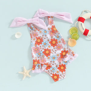 Striped Shoulder Bow Floral Swimsuit