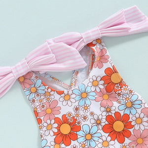 Striped Shoulder Bow Floral Swimsuit