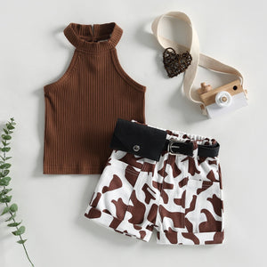 Ribbed Top & Cow Print Belted Shorts