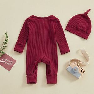 Solid Ribbed Button Onesie & Hat