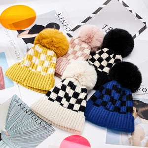 Checkered Pom Beanie Hat