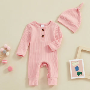 Solid Ribbed Button Onesie & Hat