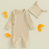 Solid Ribbed Ruffle Onesie & Knotted Hat