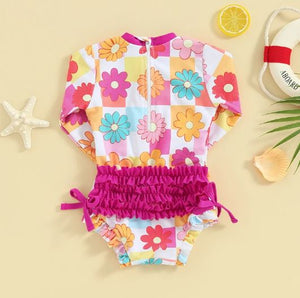 Floral Butterfly Long Sleeve Ruffle Swimsuit