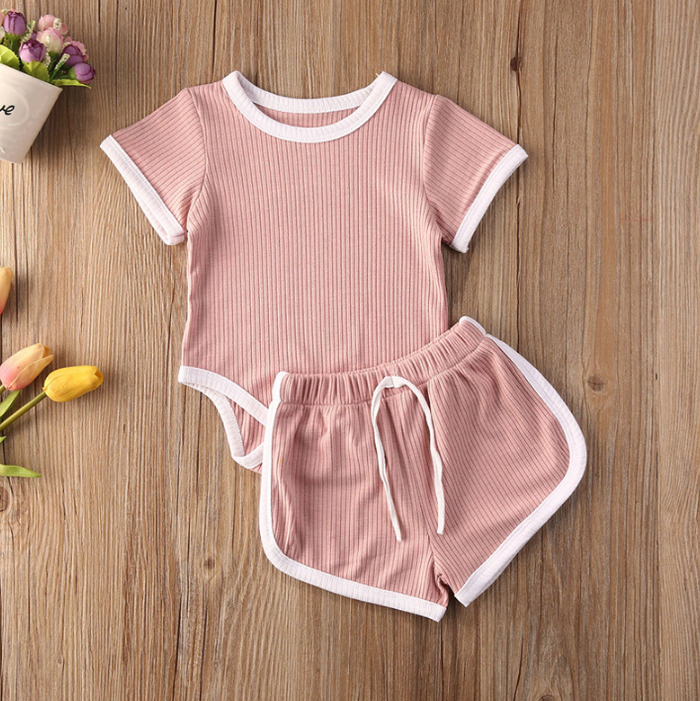 Solid Ribbed Onesie Shorts Sets (4 Colors)