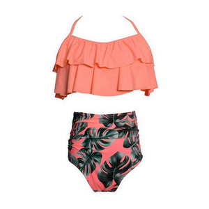 High Waist Coral Leaf Mommy and Me 2 Piece Swimsuit