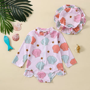 Long Sleeve Seashell Floral Swimsuit & Hat