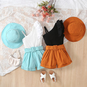 Ruffled Off Shoulder Top with Shorts & Hat