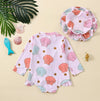 Long Sleeve Seashell Floral Swimsuit & Hat