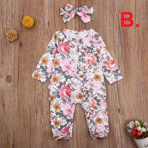 Floral with Feet Romper & Bow (3 Colors)