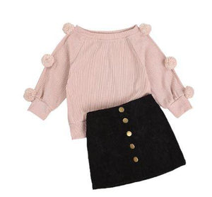 Pom Pom Sweater with Button Skirt Outfit