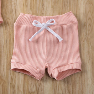 Solid Ribbed Onesie and Shorts Set (Multiple Colors)
