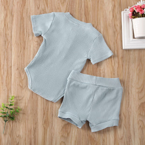 Solid Ribbed Onesie and Shorts Set (Multiple Colors)