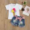 Ice Cream PomPom Top with Bow Denim Shorts