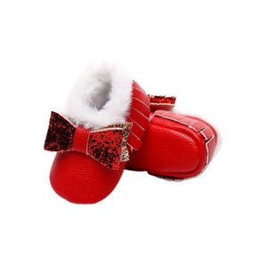 Furry Glitter Bow Moccasins