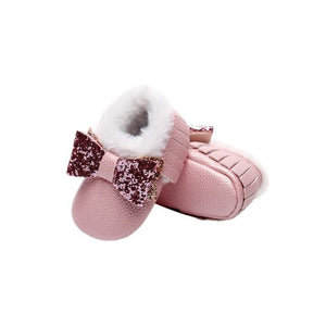 Furry Glitter Bow Moccasins