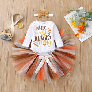 My 1st Thanksgiving Romper with Lace Tutu Skirt