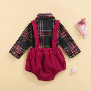 Plaid Bow Tie Overalls Set