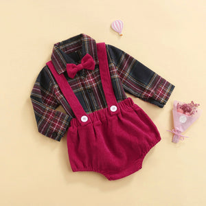 Plaid Bow Tie Overalls Set