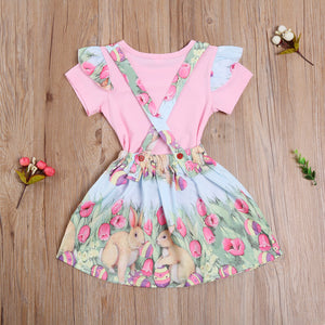 Floral Easter Bunny Suspender Dress Outfit
