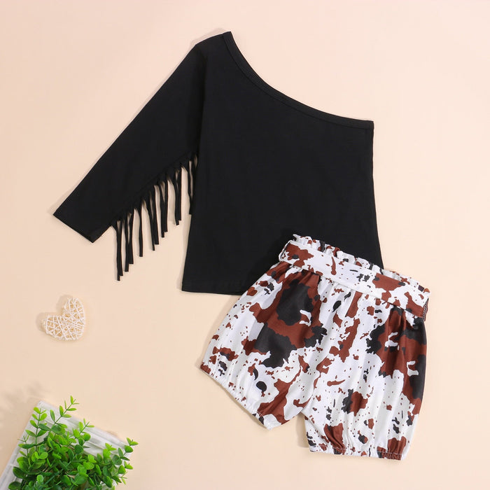 Western One Shoulder Top with Cow Print Pants or Shorts
