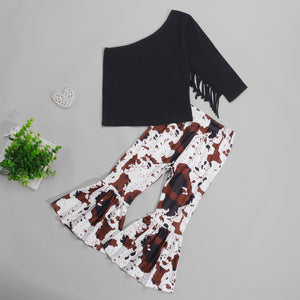 Western One Shoulder Top with Cow Print Pants or Shorts