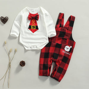 Bow Tie Plaid 1st Christmas Overalls Outfit