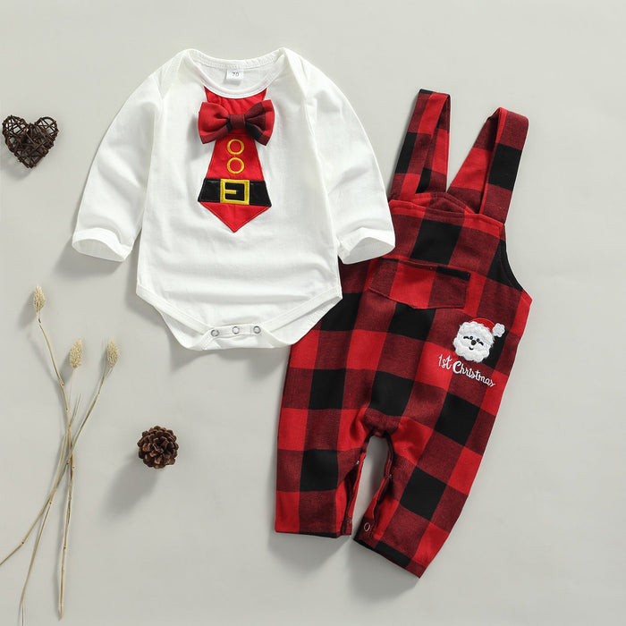 Bow Tie Plaid 1st Christmas Overalls Outfit
