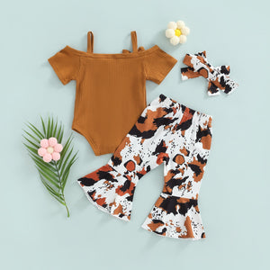 Off Shoulder Onesie with Cow Print Pants & Bow