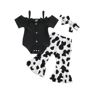 Off Shoulder Onesie with Cow Print Pants & Bow