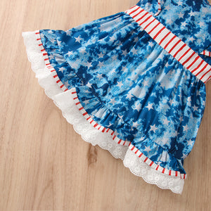 Blue Tie Dye Independence Day Dress & Bow
