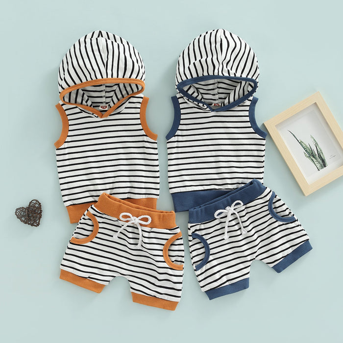 Sleeveless Striped Hoodie Top with Shorts
