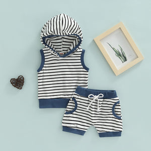 Sleeveless Striped Hoodie Top with Shorts