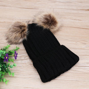 Fur Pom Matching Beanies Black Double Ball / Mom Baby Accessories