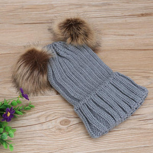 Fur Pom Matching Beanies Grey Double Ball / Mom Baby Accessories