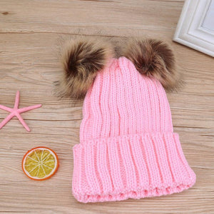 Fur Pom Matching Beanies Pink Double Ball / Mom Baby Accessories