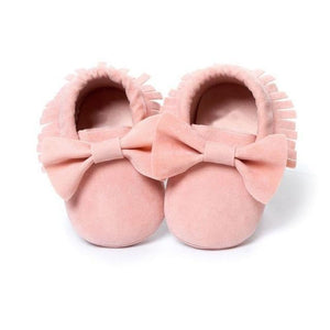 Fringed Bow Moccasin Shoes (Multiple Colors) Baby Pink / 13-18 Mo