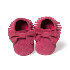 Fringed Bow Moccasin Shoes (Multiple Colors) Deep Pink / 13-18 Mo