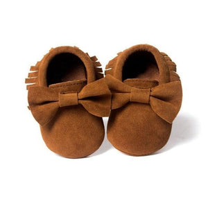 Fringed Bow Moccasin Shoes (Multiple Colors) Brown / 13-18 Mo