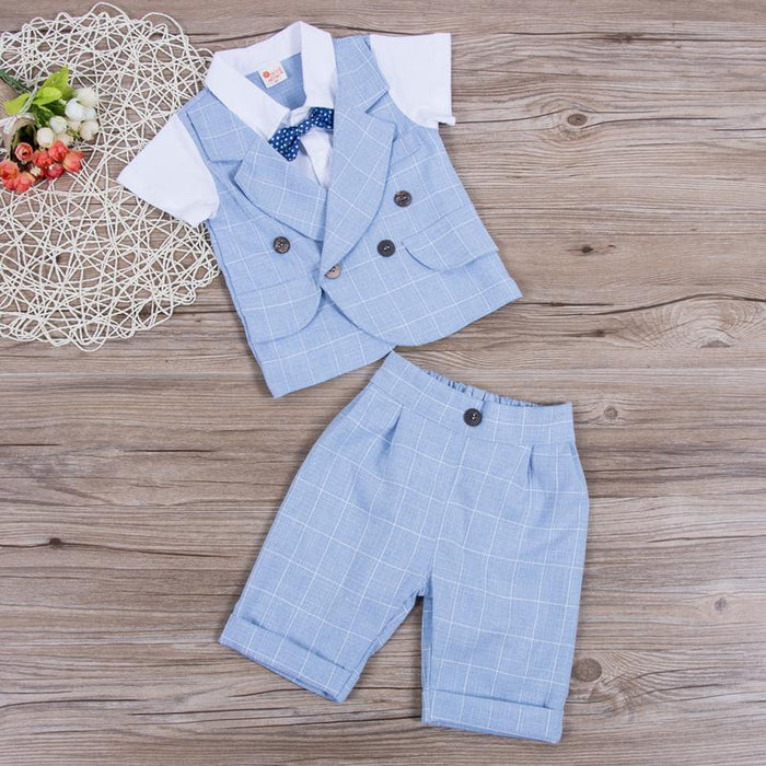 Gentleman Plaid Bow Tie Shirt Waistcoat Shorts Outfit (2 Colors) Sky Blue / 12 Mo