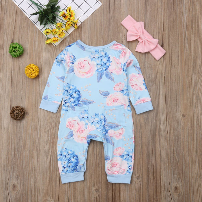 Blue Floral Onesie Headband Outfit - Bitsy Bug Boutique