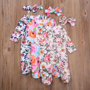 Floral with Feet Romper & Bow (3 Colors)