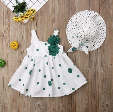 Polka Dot Floral Sleeveless Dress Sunhat Outfit (2 Colors)